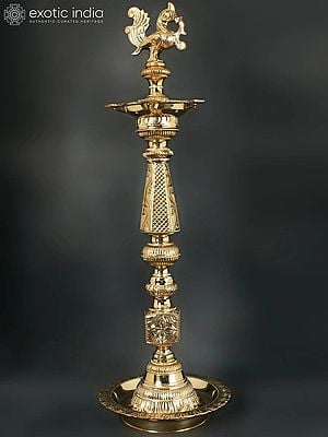 27" Authentic Peacock Oil Lamp For Ritual | Brass Lamp