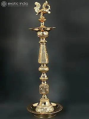 27" Authentic Peacock Oil Lamp For Ritual | Brass Lamp