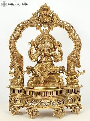 22" Superfine Brass Lord Ganapati Seated on Kirtimukha Throne with Goddess Lakshmi and Goddess Saraswati