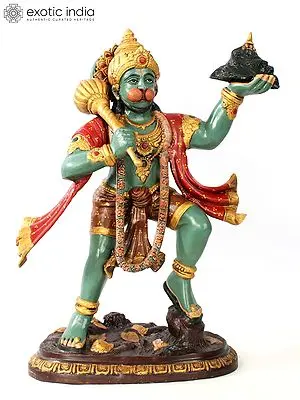 26" Brass Colorful Lord Hanuman Carrying Mountain of Sanjeevani Hurbs