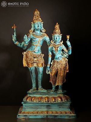 36" Large Blue and Gold Color Standing Shiva - Parvati in Brass