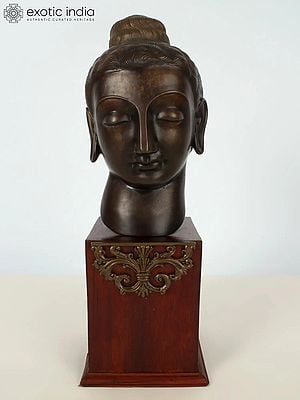 15" Bronze Buddha Head on Wooden Base