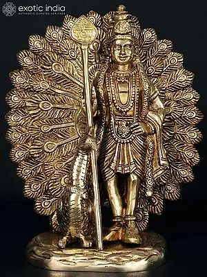 9'' Standing Lord Subramanya (Murugan) With Peacock | Brass