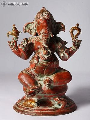 9" Red Color Sitting Lord Ganapati in Brass