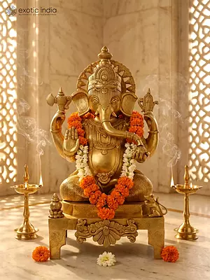27'' Four-Handed Ganesha On Chowki | Brass Statue