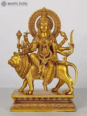 17'' Brass Eight-Handed Goddess Durga Idol Seated on Lion