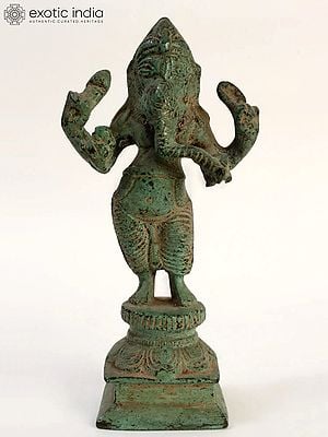 5" Green Patina Standing Chaturbhuja Lord Ganesha in Brass