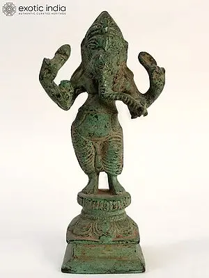 5" Green Patina Standing Chaturbhuja Lord Ganesha in Brass
