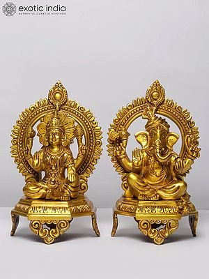 11" Brass Pair of Ganesha - Lakshmi Seated on Throne