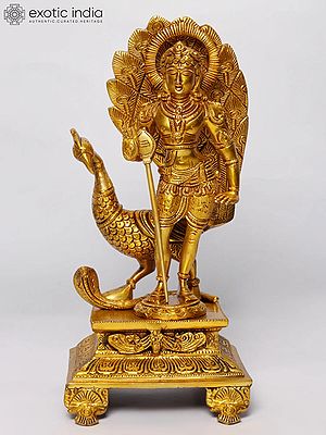 12" Lord Murugan Statue (Karttikeya) Standing on Pedestal with Peacock