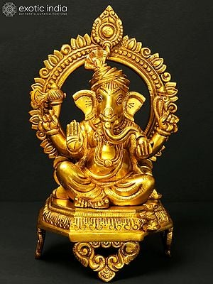 11" Turbaned Lord Ganesha Seated on Throne | Brass Statue
