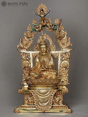 17" Guru Padmasambhava Seated on Ornament Throne | Copper Statue from Nepal