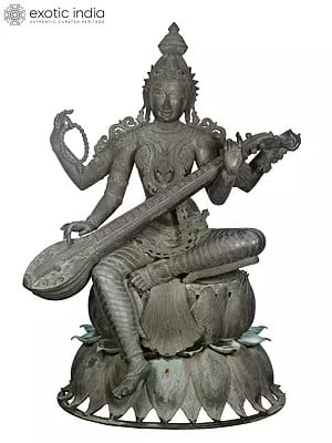 66'' Large Devi Saraswati | Madhuchista Vidhana (Lost-Wax) | Panchaloha Bronze from Swamimalai (Shipped by Sea)