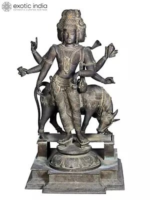 50'' Large Dattatreya with Kamadhenu | Madhuchista Vidhana (Lost-Wax) | Panchaloha Bronze from Swamimalai (Shipped by Sea)