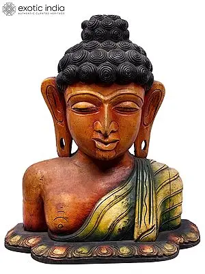 Serene 20" Wooden Lord Buddha Bust Sculpture
