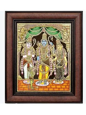 Lord Rama with Mata Sita, Lakshman Ji and Hanuman Ji - Framed Tanjore Painting