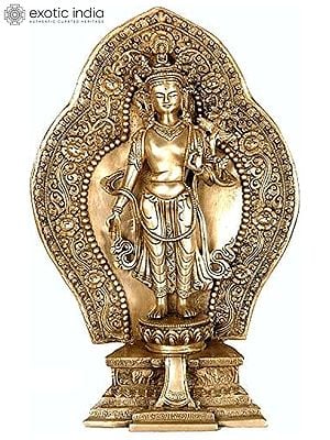 16" Padmapani Avalokiteshvara Standing Against an Ornamented Aureole | Tibetan Buddhist Deity Brass Idol