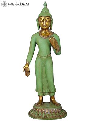 14" Standing Thai Buddha In Brass | Handmade | Made In India