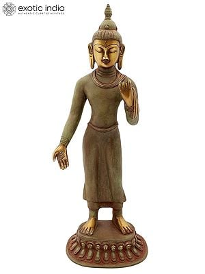 14" Standing Thai Buddha In Brass | Handmade | Made In India