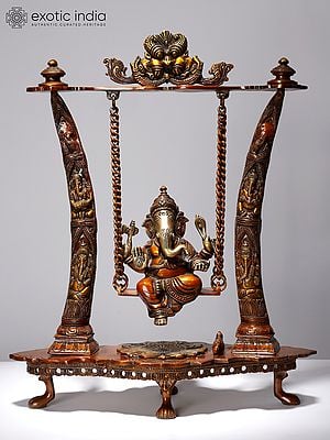 17" Ganesha Swing - Pillars Decorated with Ganesha Figures In Brass | Handmade | Made In India