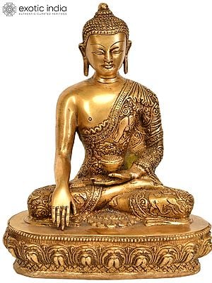 9" Buddha Seated in Bhumisparsha Mudra (Robes Ornately Decorated with Auspicious Symbols and Jataka Animals) In Brass | Handmade | Made In India