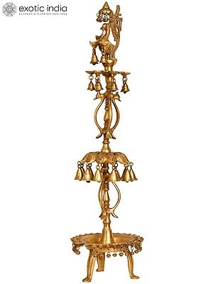 35" Mayur (Peacock) Lamp with Bells and Ghungroos in Brass | Handmade | Made in India