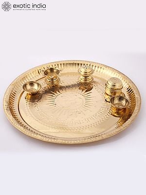 Brass Puja Thali with Haldi and Kumkum Bowl, Incense Stand and Diya