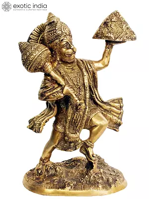 11" Shri Hanumanji Carrying Sanjeevani Mountain | Handmade Brass Statue