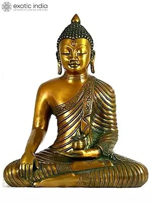14" The Buddha Shakyamuni in Bhumisparsha Mudra with Pindapatra In Brass | Handmade | Made In India