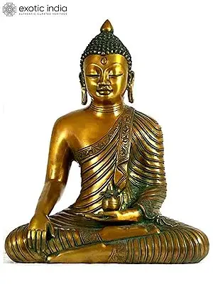 14" The Buddha Shakyamuni in Bhumisparsha Mudra with Pindapatra In Brass | Handmade | Made In India