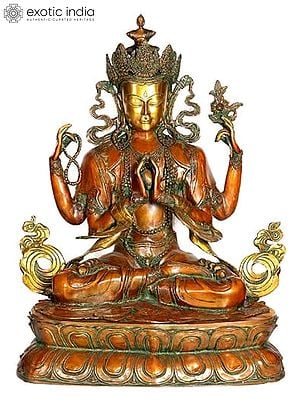 27" Large Size Four-Armed Avalokiteshvara Brass Sculpture | Tibetan Buddhist Deity Idol