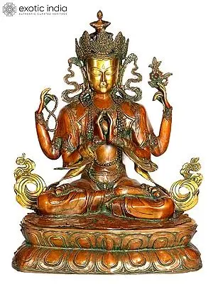 27" Large Four-Armed Avalokiteshvara Brass Sculpture | Tibetan Buddhist Deity Idol