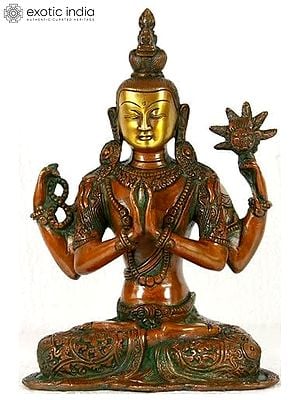 10" Tibetan Buddhist Deity- Chenrezig (Shadakshari Lokeshvara) In Brass | Handmade | Made In India