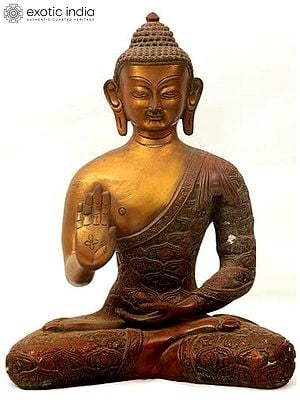 11" Seated Buddha in Abhaya Mudra (Robes Decorated with Auspicious Symbols) In Brass | Handmade | Made In India