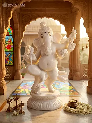 24" Six Armed Dancing Lord Ganesha | White Marble Statue | Exquisite Indian Art