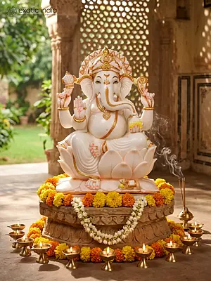 24" Lord Ganesha Seated on Lotus Throne | Marble Statue | Exquisite Indian Art