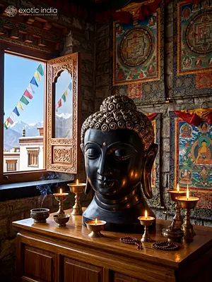 15" Lord Buddha Head Black Marble Statue