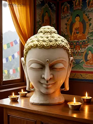 13" Lord Buddha Head White Marble Statue
