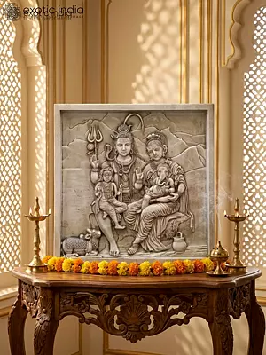 24" Sacred Lord Shiva Family Marble Panel For Divine Home Ambiance