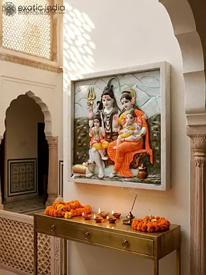 24" Divine Shiva Family Hand-Carved Marble Wall Panel For Home Harmony