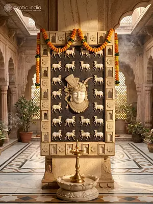 72" Sacred Lord Shrinathji Marble Wall Panel With Exquisite Hand Carved Detailing