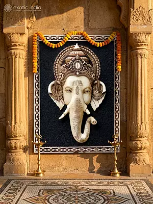 48" Divine Lord Ganesha Head Marble Wall Panel With Fine Hand Carved Detail