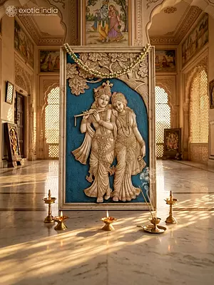 60" Divine Radha Krishna Marble Wall Panel With Exquisite Hand Carved Elegance