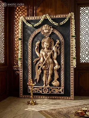 54" Divine Goddess Saraswati Marble Wall Panel With Fine Hand Carved Elegance