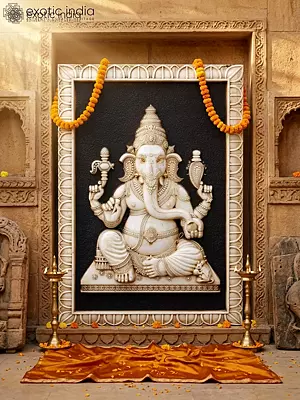60" Marble Ganesha Wall Panel Hand Carved Decorative Art Piece