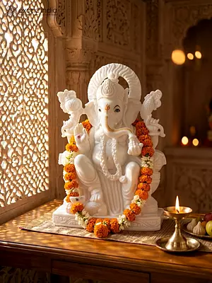 18" Lord Ganesha Seated on Throne | Marble Statue | Handmade Indian Artwork