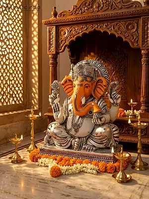 24" Lord Ganesha Seated on Pedestal White Marble Statue