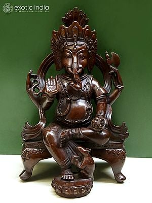 9" Lord Ganesha Seated on Pedestal | Copper Statue from Nepal