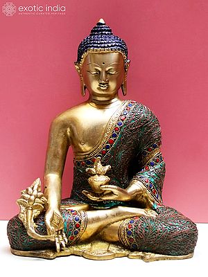 10" Brass Medicine Buddha with Inlay Work