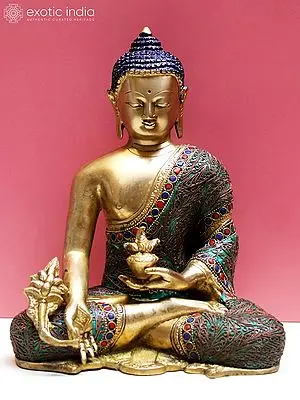 Medicine Buddha Sculpture - 10" Brass with Gemstone Inlay